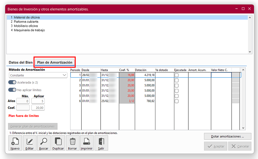 Ventana Bienes de inversión y otros elementos amortizables en ClassicConta 7.